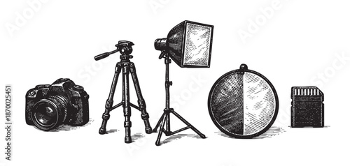 A vintage-style illustration features essential photography equipment including a DSLR camera, tripod, studio light, reflector, and SD card, set against a white background.