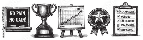 A vintage black and white illustration depicts motivational elements for goal achievement including a chalkboard with text, a trophy, a progress graph, a medal, and a checklist.
