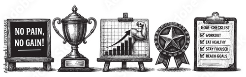 A motivational illustration in a vintage, hand-drawn style depicting a trophy, bar chart, medal, and checklist symbolizing fitness goals, success, and healthy living.