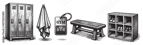 A vintage woodcut illustration depicts a gym locker room scene with metal lockers, a hanging towel, a gym tag, a wooden bench, and a shoe rack filled with sneakers.