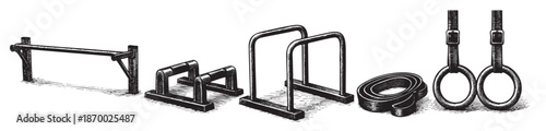This vintage line art illustration showcases a collection of workout equipment including a pull up bar, dip bars, resistance band, and gymnastic rings, perfect for fitness and athletic themes.