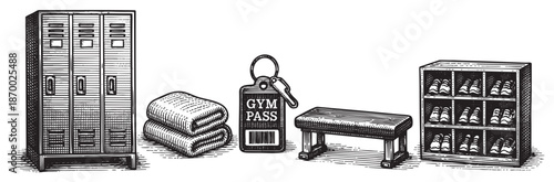 A vintage black and white illustration depicts gym lockers, folded towels, a gym pass, a wooden bench, and a shoe rack filled with sneakers, perfect for fitness or retro themes.