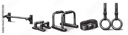 A hand-drawn illustration showcases a collection of vintage gymnastic equipment including a pull-up bar, dip bars, and rings in a classic sketch style on a white background.