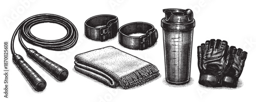 A collection of vintage-style fitness equipment including a jump rope, wrist wraps, towel, shaker bottle, and gloves, rendered in a striking black and white illustration.
