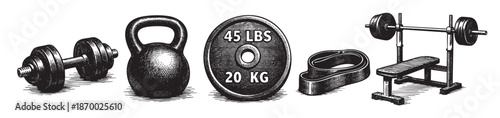 This black and white illustration depicts a collection of vintage gym equipment including dumbbells, a kettlebell, a weight plate, and a barbell with a bench.