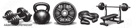 This black and white illustration depicts a collection of vintage gym equipment including dumbbells, a kettlebell, a weight plate, and a barbell with a bench.