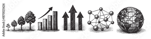 A visual progression depicts business growth from a seedling to mature trees, followed by bar charts and arrows indicating upward trends, culminating in network diagrams and a connected globe.