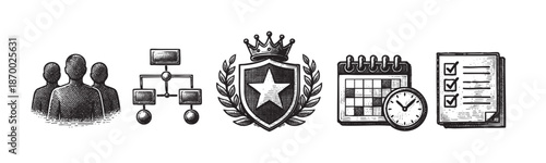 A set of five hand-drawn black and white icons representing teamwork, organization, achievement, scheduling, and task completion, suitable for business and strategy concepts.