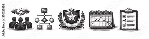 A collection of hand-drawn black and white icons representing business concepts like handshake, organization chart, award, calendar, and checklist, ideal for presentations and reports.