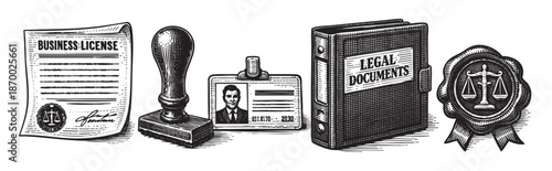 A collection of vintage-style illustrations featuring business license, stamp, ID card, legal documents binder, and a seal with scales of justice, perfect for legal and business themes.