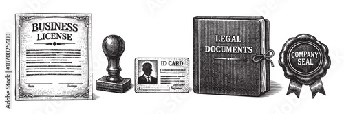 A vintage illustration featuring a business license, rubber stamp, ID card, legal documents book, and company seal, symbolizing official approval and identity verification.