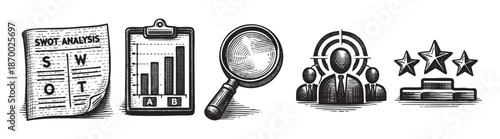 A black and white sketch style illustration featuring five distinct business concepts: a SWOT analysis document, a bar chart on a clipboard, a magnifying glass, a target with people icons, and a podiu