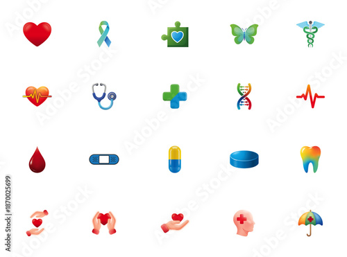 Healthcare & Medical Minimalist Colored Icons Set Including DNA Strand, Stethoscope, Pills, Cancer Awareness, Caduceus, First Aid Cross, Hospital Symbols, Pharmacy, Doctor Tools, Editable Vector Set