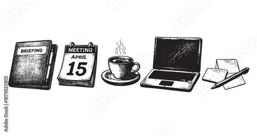 A hand-drawn illustration depicts essential office items including a briefing book, calendar, coffee cup, laptop, and pen on paper, symbolizing work and productivity.