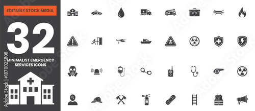Minimalist Black Filled Emergency Services Icons Set Including Ambulance, Fire Brigade, Gas Mask, Life Boat, First Aid Kit, Rescue, Safety, and Disaster Response Illustrations. Editable Vector File