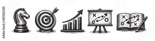 Hand-drawn business strategy elements including a chess piece, target with arrow, growing graph, presentation board, and open book with arrows, symbolizing planning and success.