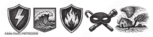 This graphic displays a collection of black and white woodcut-style icons representing natural disasters and protection against them, ideal for insurance or safety concepts.