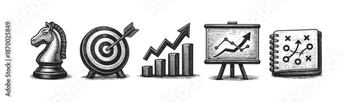 A set of hand-drawn icons depicting business strategy concepts including a chess piece, target with arrow, upward bar graph, flipchart with graph, and a notebook with tactics.