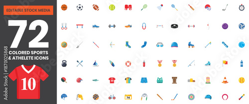 A Set of 72 Colored Sports and Athletics Icons. Football, Rugby, Cricket, Hockey, Sports Jersey, Volley Ball, Cycling, Swimming, Boating, and Many More. Editable Vector Icons Set