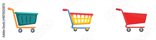 A Set of 3 Colored Shopping Carts. Flat Icons with 3d Look. Editable Vector File