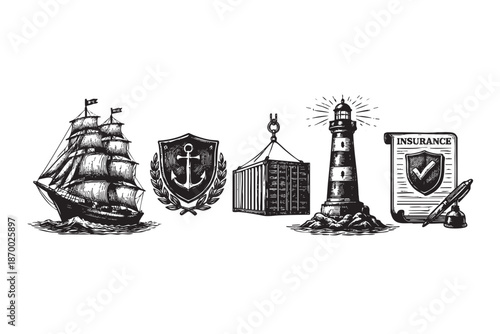 A black and white illustration of maritime and insurance symbols, including a sailing ship, anchor emblem, cargo container, lighthouse, and insurance document with a pen.