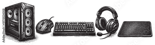This black and white engraving illustration features a computer tower, mouse, keyboard, headphones, and mousepad arranged in a line against a white background.