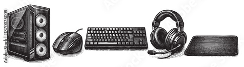 Vintage black and white illustration of computer peripherals including a tower, mouse, keyboard, and headphones, rendered in a sketchy, engraved style.