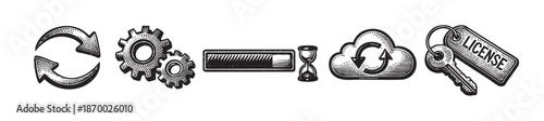 A hand-drawn illustration featuring a set of six technology and business icons, including refresh arrows, gears, a progress bar, an hourglass, a cloud with arrows, and a key with a license tag.