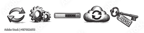 A set of five black and white vector icons representing technology concepts like update, gears, progress, cloud computing, and licensing, in a woodcut style.