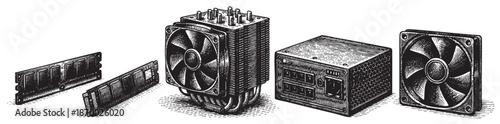 A detailed engraving illustration of computer hardware components including RAM sticks, a CPU cooler, a power supply unit, and a computer fan on a white background, suitable for tech-related projects.