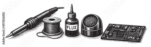 A detailed, vintage-style illustration showcases a soldering iron, spool of wire, flux bottle, solder, and a circuit board, ideal for technical, DIY, or repair themes.