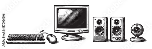 A black and white sketch of vintage computer peripherals, including a CRT monitor, keyboard, mouse, speakers, and webcam, set against a white background.