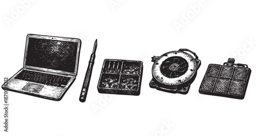 A black and white sketch showcases an open laptop, a pen, a box of small items, a fan, and a grid-like object, evoking a retro or technical theme.