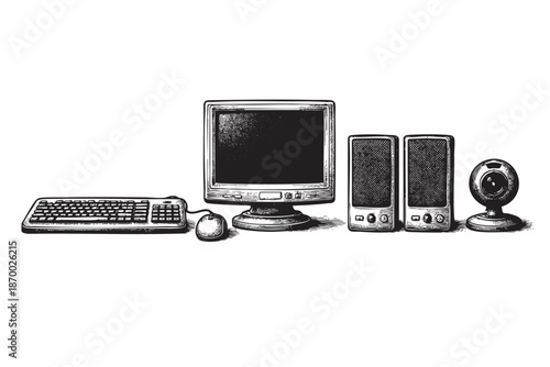 Retro computer peripherals including a CRT monitor, wired keyboard, ball mouse, two speakers, and a webcam are displayed on a white background in a vintage line art style.