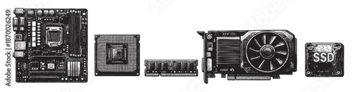 A graphic illustration featuring a computer motherboard, CPU, RAM, graphics card, and SSD on a white background.