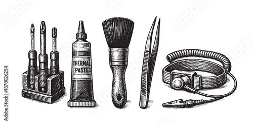 A black and white woodcut style illustration depicts a set of electronic repair tools including screwdrivers, thermal paste, a brush, tweezers, and an anti-static wrist strap.