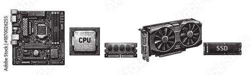 A detailed, monochromatic engraving of essential computer hardware components including a motherboard, CPU, RAM, GPU, and SSD arranged on a white background.