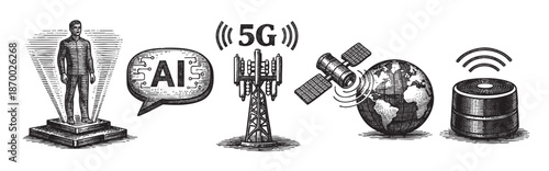 A collection of black and white scratchboard style illustrations representing modern technology, including an AI brain, 5G tower, globe with satellite, and smart speaker.