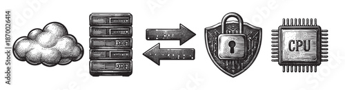 Engraving style illustration showing a sequence of icons representing cloud computing, server rack, data transfer, security shield with lock, and CPU chip, symbolizing data protection.