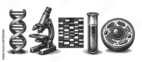 A classic black and white illustration depicting DNA, a microscope, a pattern, a test tube, and a cell, symbolizing scientific discovery and research.