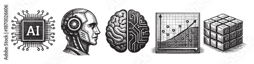 A collection of vector graphics representing technology and innovation, including a circuit board chip, robot head, brain circuit, data graph, and stack of blocks.