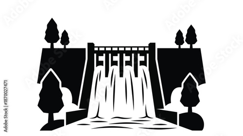 A dramatic black and white illustration of a dam with flowing water and surrounding trees