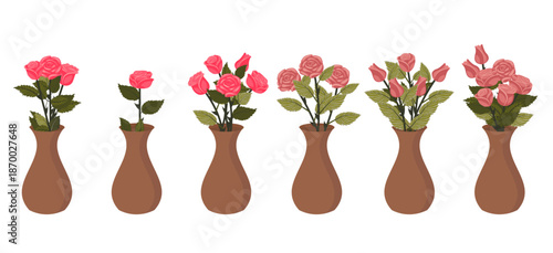 A set of rose bouquets in ceramic vases. Vector illustration on a white background.