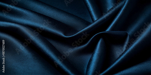 Luxurious Dark Blue Silk Satin Fabric with Smooth Flowing Folds and Silky Texture, An Abstract Elegant Background Symbolizing Fashion, Refinement, and Premium Style