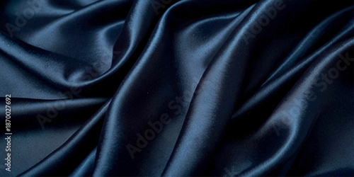 Luxury Dark Blue Silk Satin Texture with Soft Flowing Waves and Draped Folds, An Elegant Abstract Background Representing Fashion, Opulence, and Premium Fabric Aesthetics