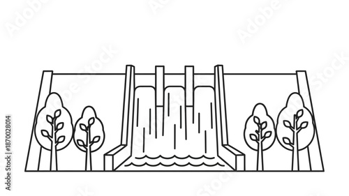 Simple line drawing of a waterfall surrounded by trees and architectural structures
