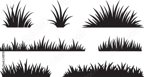 Black grass, weed plants for lawn, spring or summer field, garden or meadow. Borders and tufts of fresh grass blades isolated on white background, vector realistic set