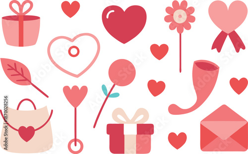 A collection of cute valentine's day icons including hearts, gifts, flowers, and envelopes