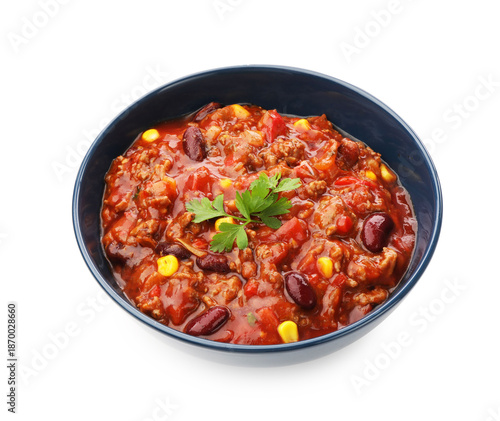 Delicious chili con carne in bowl isolated on white © New Africa
