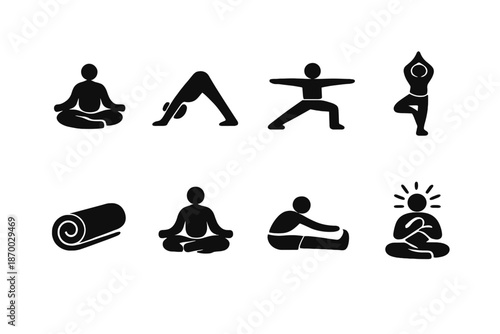 Yoga Icon Set. Yoga at Home. Filled icon set of Yoga at Home: lotus pose, downward dog pose, warrior pose,